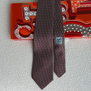 Hermes Geometric Patterned Tie in Brown and Blue